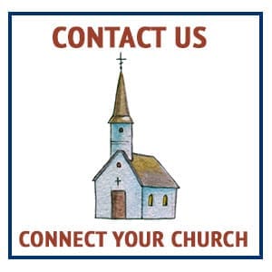 small watercolor church with "contact us, connect your church" text
